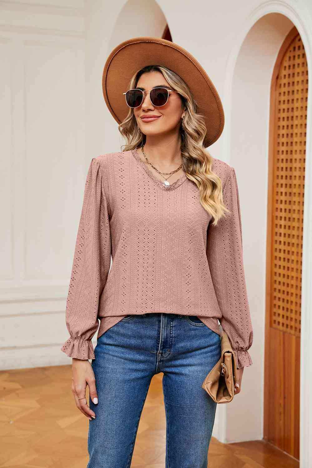V-Neck Flounce Sleeve Blouse - Trendsi - Flyclothing LLC