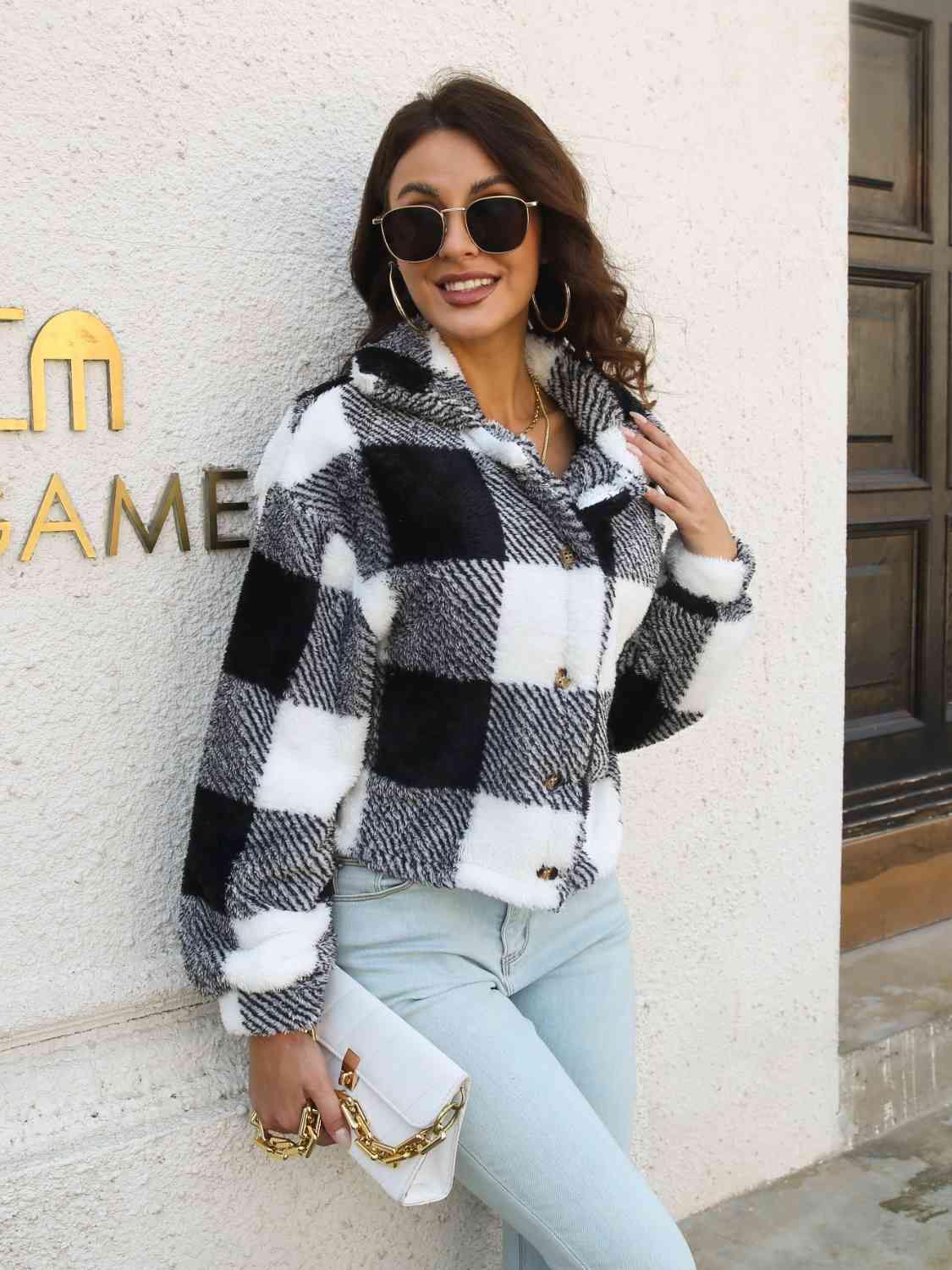 Plaid Dropped Shoulder Buttoned Jacket - Trendsi