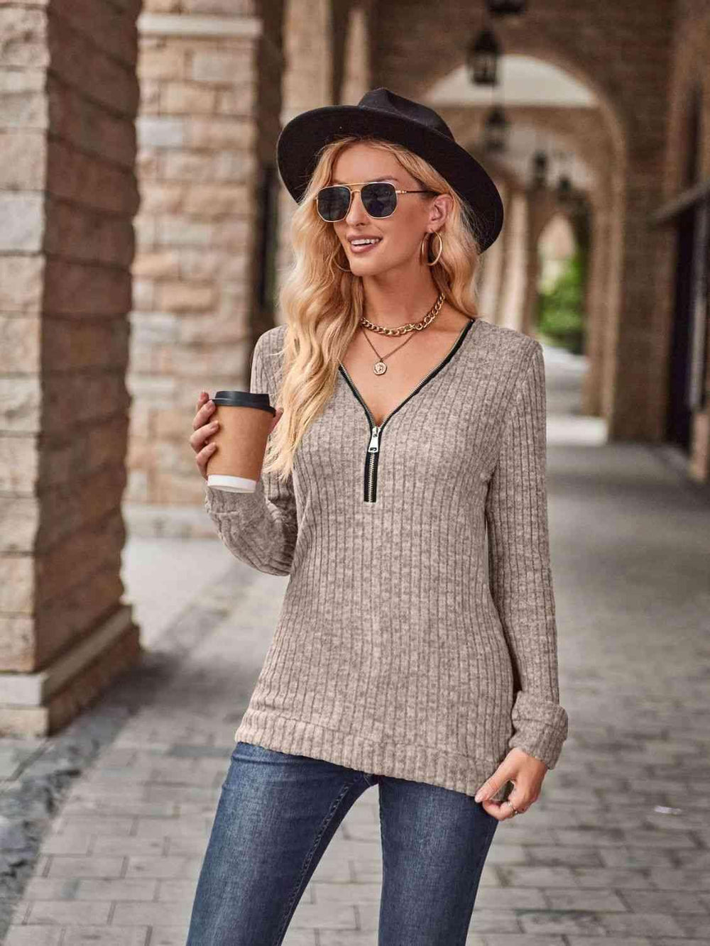 Half-Zip V-Neck Long Sleeve Top - Trendsi