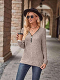 Half-Zip V-Neck Long Sleeve Top - Trendsi
