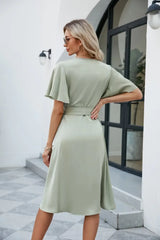 Tie Waist Flutter Sleeve Surplice Dress - Trendsi - Flyclothing LLC