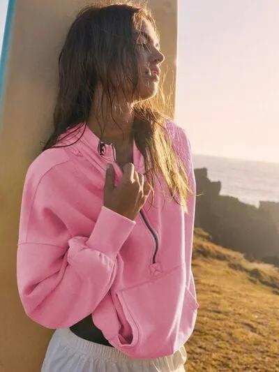 Half Zip Pocketed Dropped Shoulder Hoodie - Trendsi - Flyclothing LLC