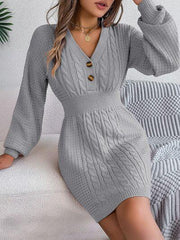 Buttoned Cable-Knit V-Neck Sweater Dress - Trendsi