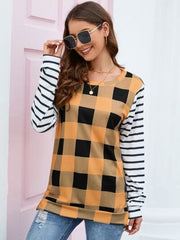 Plaid Striped Round Neck Long Sleeve T-Shirt - Trendsi