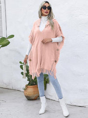 Fringe Trim Buttoned Hooded Poncho - Trendsi