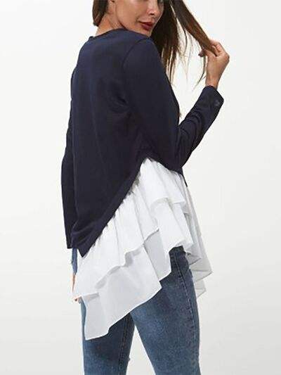 Tiered Contrast Round Neck Long Sleeve T-Shirt - Trendsi - Flyclothing LLC