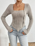 Ribbed Decorative Button Long Sleeve T-Shirt - Trendsi