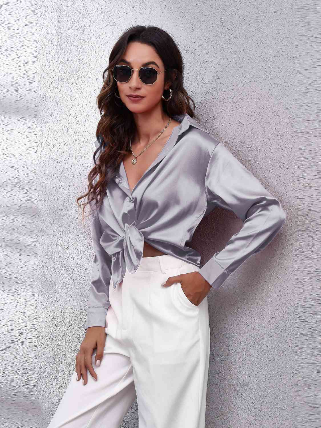 Collared Neck Buttoned Long Sleeve Shirt - Trendsi - Flyclothing LLC