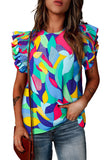 Printed Round Neck Butterfly Sleeve Top - Trendsi