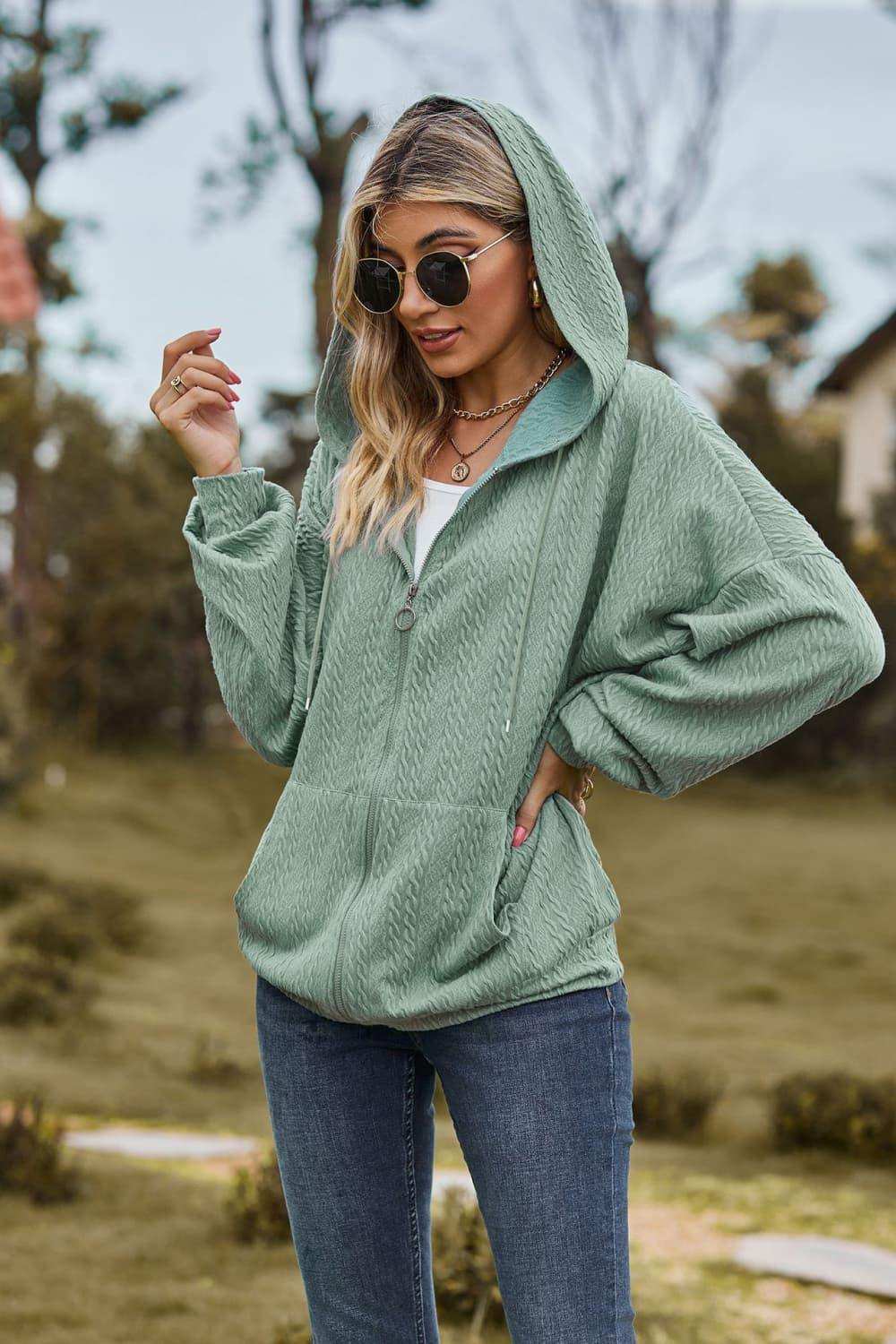 Cable-Knit Long Sleeve Hooded Jacket - Trendsi - Flyclothing LLC