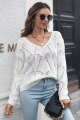 Openwork V-Neck Dropped Shoulder Sweater - Trendsi - Flyclothing LLC
