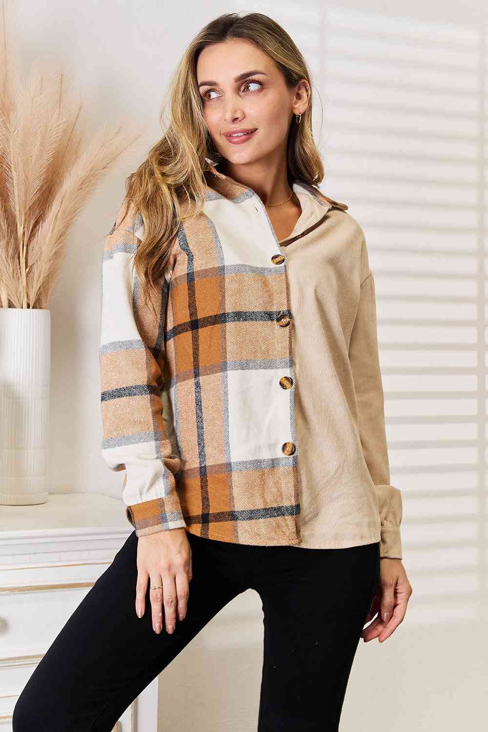 Double Take Plaid Print Dropped Shoulder Shirt - Trendsi - Flyclothing LLC