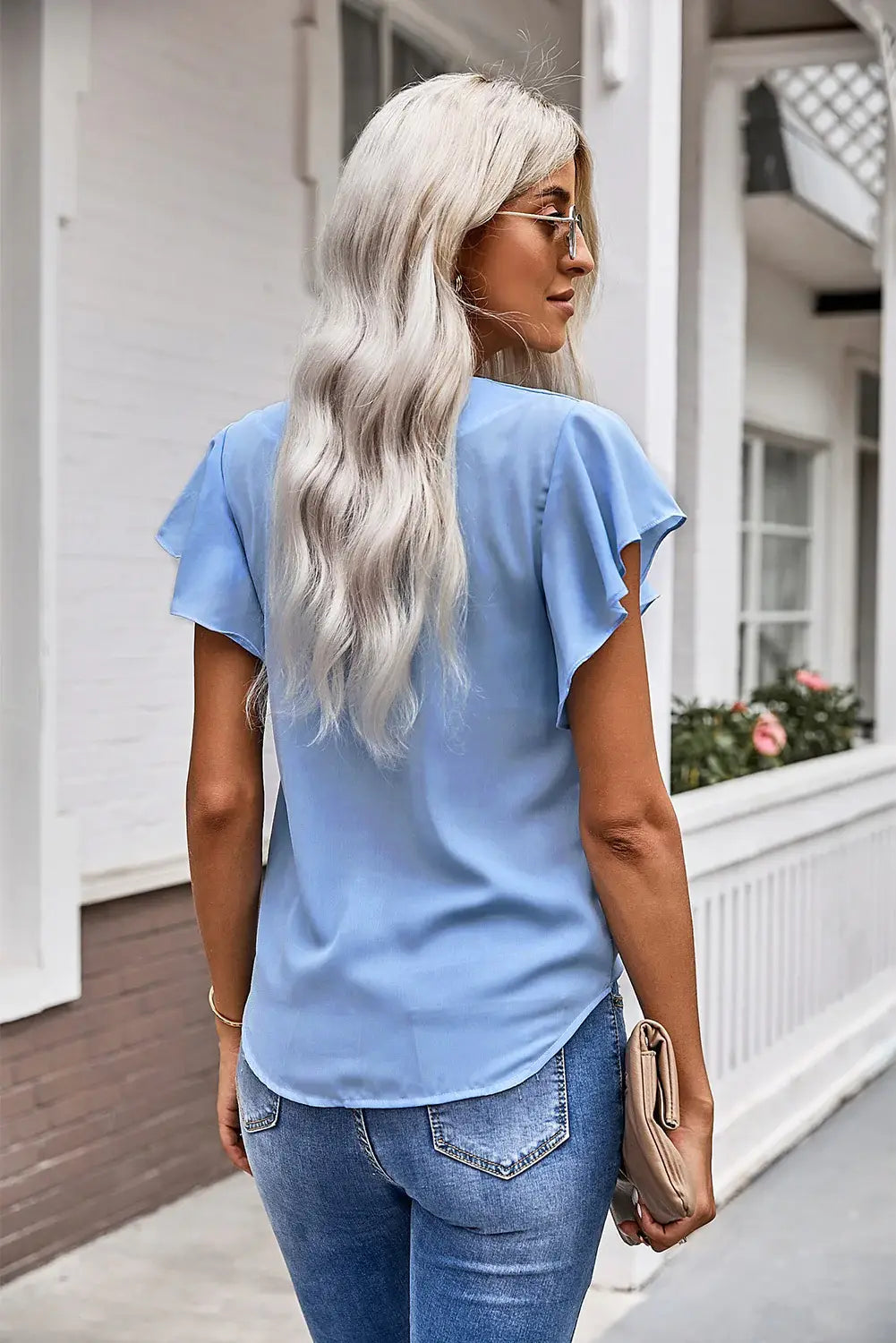 V-Neck Tie Hem Flutter Sleeve Blouse - Trendsi - Flyclothing LLC