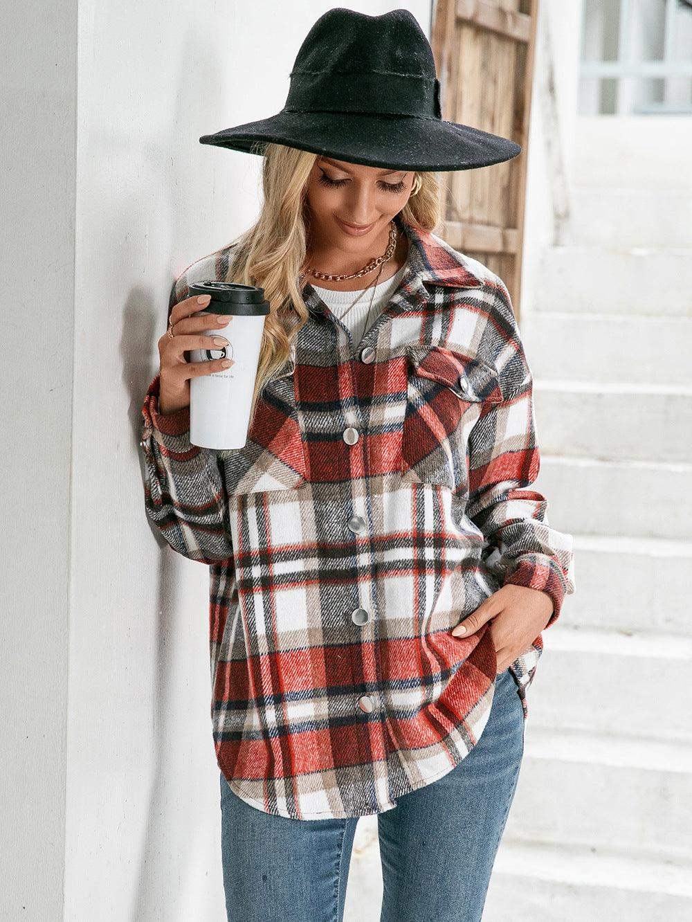 Meet You Outside Plaid Button Down Curved Hem Shacket - Trendsi - Flyclothing LLC