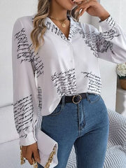 Letter Printed Button Up Long Sleeve Blouse - Trendsi