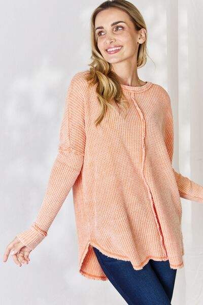 Zenana Oversized Washed Waffle Long Sleeve Top - Trendsi - Flyclothing LLC