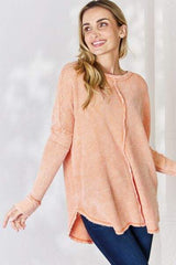 Zenana Oversized Washed Waffle Long Sleeve Top - Trendsi - Flyclothing LLC