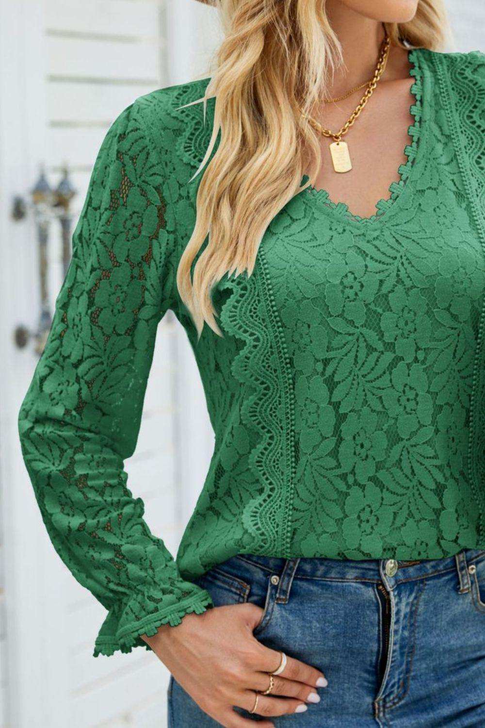 V-Neck Flounce Sleeve Lace Top - Trendsi - Flyclothing LLC