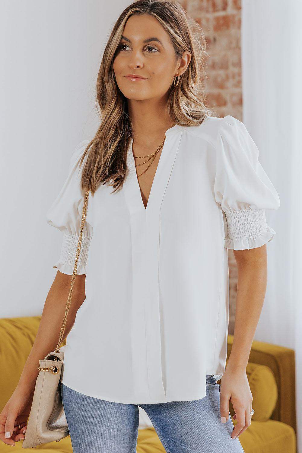 Smocked Flounce Sleeve Notched Neck Blouse - Trendsi - Flyclothing LLC
