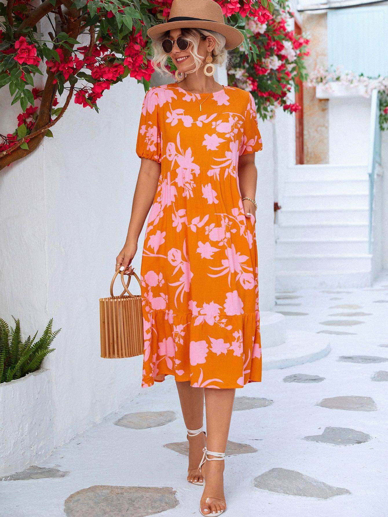 Floral Puff Sleeve Ruffle Hem Midi Dress - Trendsi - Flyclothing LLC