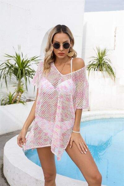 Openwork V-Neck Short Sleeve Cover Up - Trendsi - Flyclothing LLC