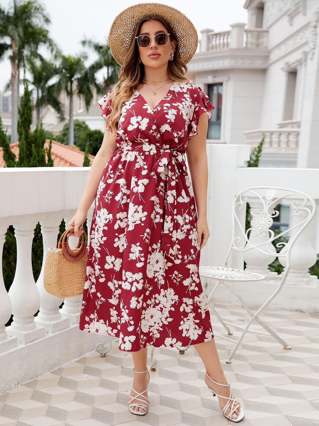 Plus Size Floral Tie Waist Surplice Neck Midi Dress - Trendsi