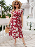 Plus Size Floral Tie Waist Surplice Neck Midi Dress - Trendsi