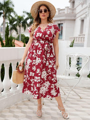 Plus Size Floral Tie Waist Surplice Neck Midi Dress - Trendsi