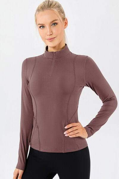 Mock Neck Quarter Zip Active T-Shirt - Trendsi - Flyclothing LLC
