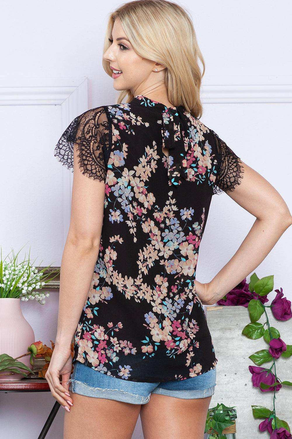 Floral Mock Neck Lace Short Sleeve Top - Trendsi - Flyclothing LLC