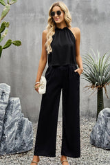 Grecian Neck Sleeveless Pocketed Top and Pants Set - Trendsi