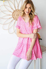 Heimish Full Size Leopard Ruffle Trim Short Sleeve Top - Trendsi - Flyclothing LLC