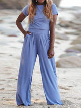 Round Neck Short Sleeve Top and Pocketed Pants Set - Trendsi - Flyclothing LLC