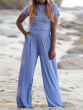 Round Neck Short Sleeve Top and Pocketed Pants Set - Trendsi - Flyclothing LLC