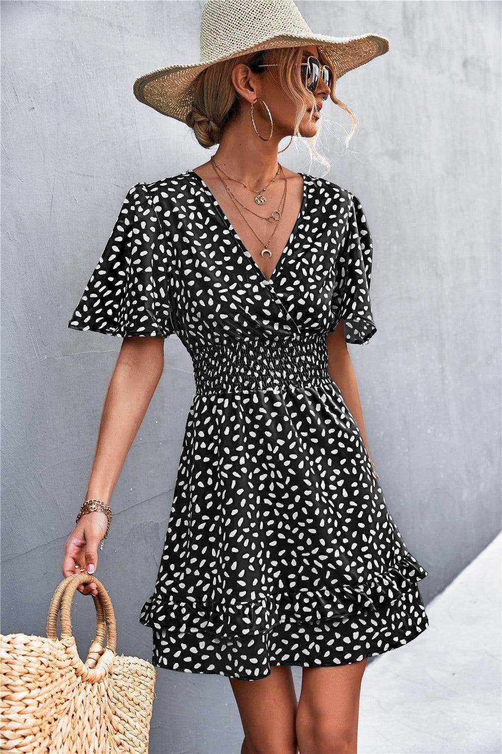 Printed Smocked Waist Layered Surplice Dress - Trendsi - Flyclothing LLC