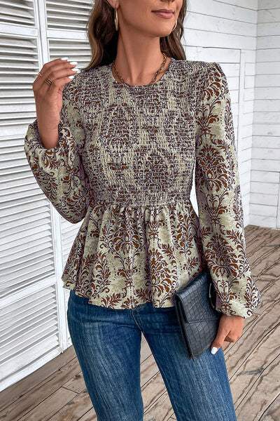 Smocked Printed Balloon Sleeve Blouse - Trendsi - Flyclothing LLC