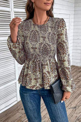 Smocked Printed Balloon Sleeve Blouse - Trendsi - Flyclothing LLC