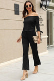 Off-Shoulder Tie Cuff Jumpsuit with Pockets - Trendsi