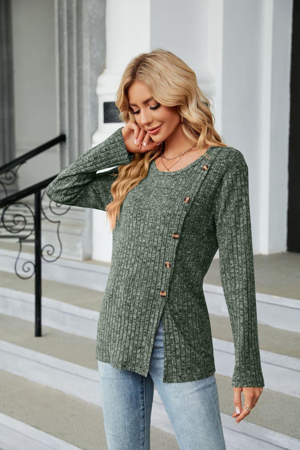 Buttoned Long Sleeve Slit Top - Trendsi
