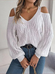 Cable-Knit Cold Shoulder Long Sleeve Sweater - Trendsi