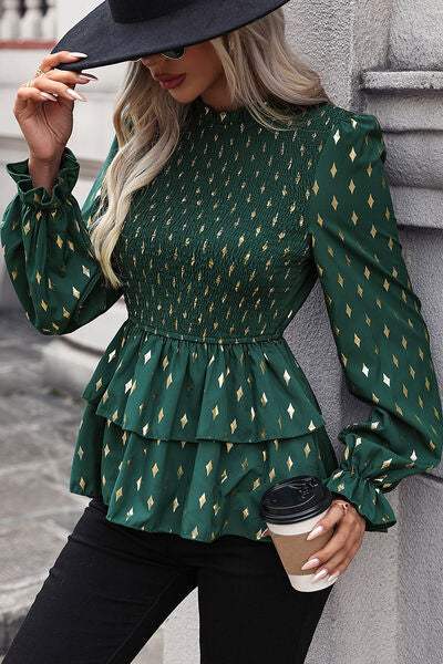 Smocked Flounce Sleeve Layered Blouse - Trendsi - Flyclothing LLC