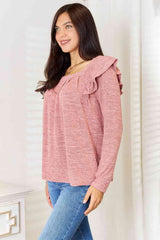 Double Take Square Neck Ruffle Shoulder Long Sleeve T-Shirt - Trendsi - Flyclothing LLC