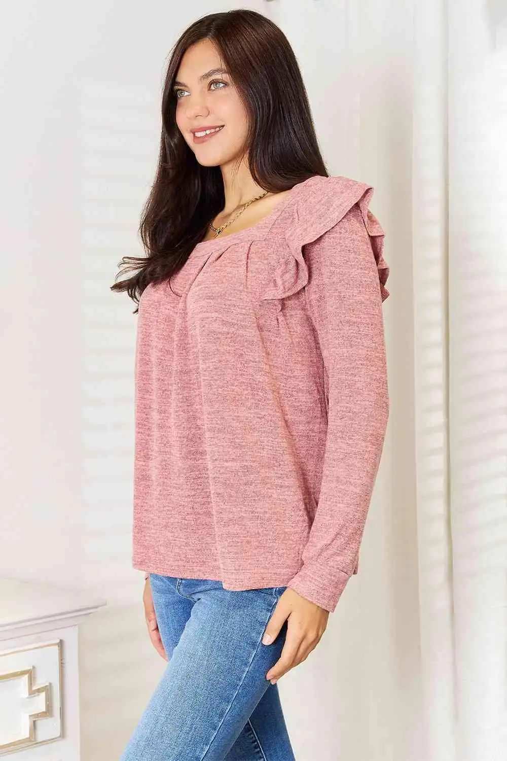 Double Take Square Neck Ruffle Shoulder Long Sleeve T-Shirt - Trendsi - Flyclothing LLC