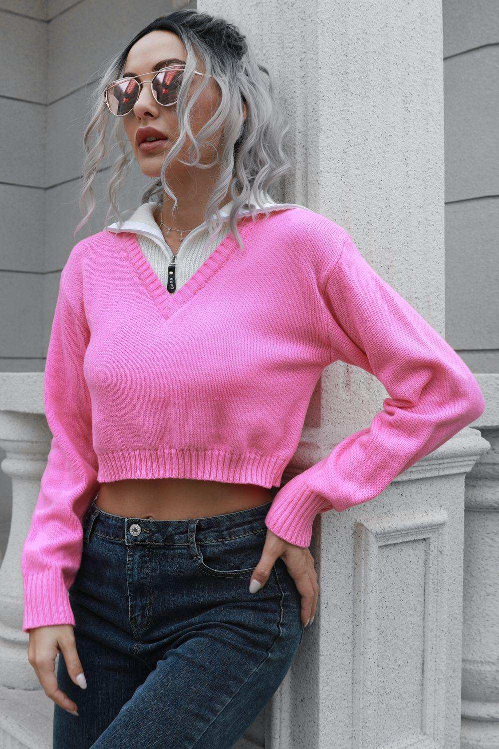 Contrast Collared Cropped Sweater - Trendsi - Flyclothing LLC