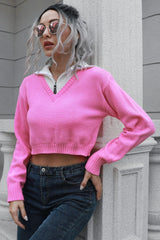 Contrast Collared Cropped Sweater - Trendsi