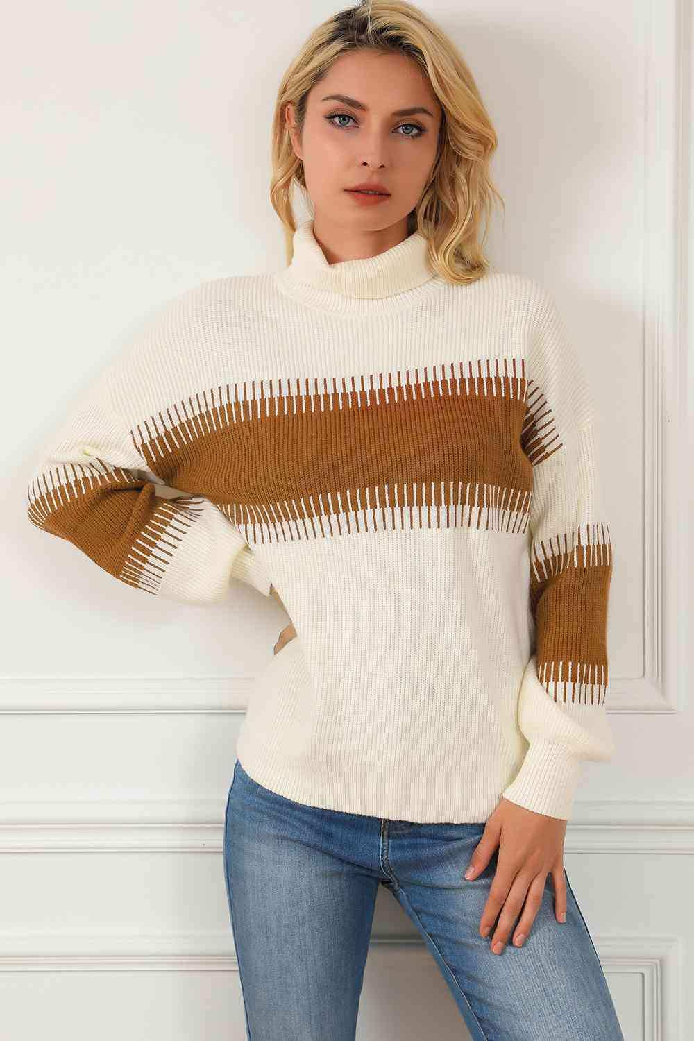 Contrast Turtleneck Long Sleeve Sweater - Trendsi - Flyclothing LLC