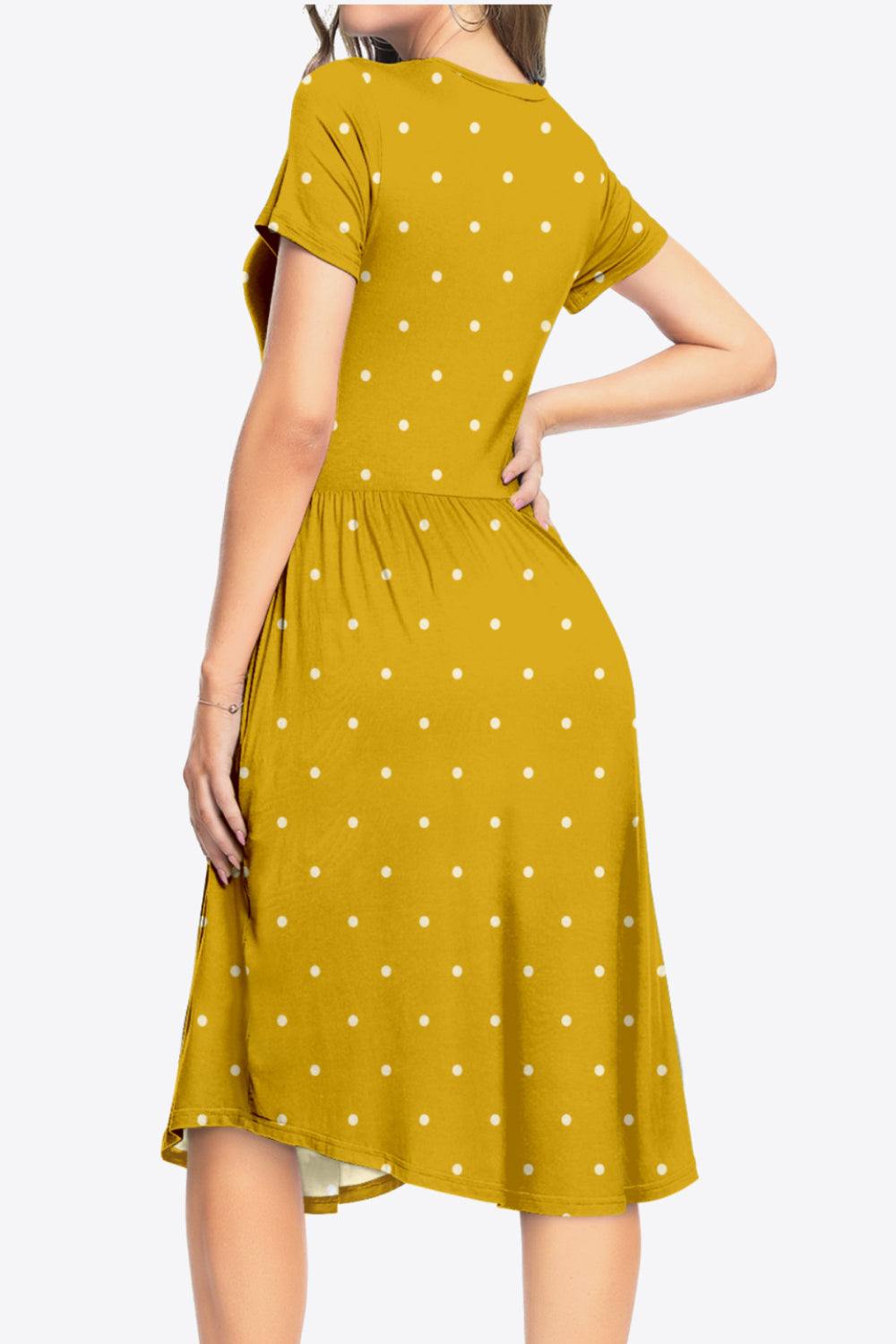 Printed Round Neck Short Sleeve Dress with Pockets - Trendsi