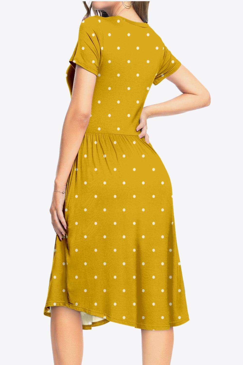 Printed Round Neck Short Sleeve Dress with Pockets - Trendsi - Flyclothing LLC