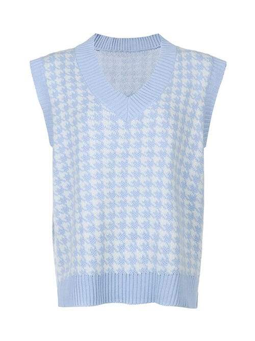 Houndstooth V-Neck Sweater Vet - Trendsi - Flyclothing LLC