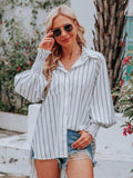 Striped Collared Neck Lantern Sleeve Shirt - Trendsi - Flyclothing LLC